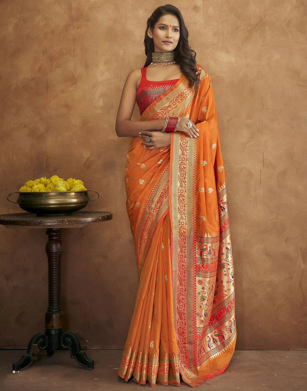 Vedant Vastram Orange Color Paithani Silk Saree - Orange