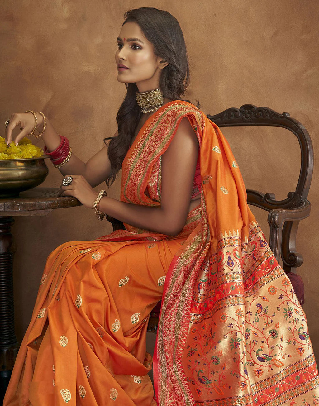 Vedant Vastram Orange Color Paithani Silk Saree - Orange