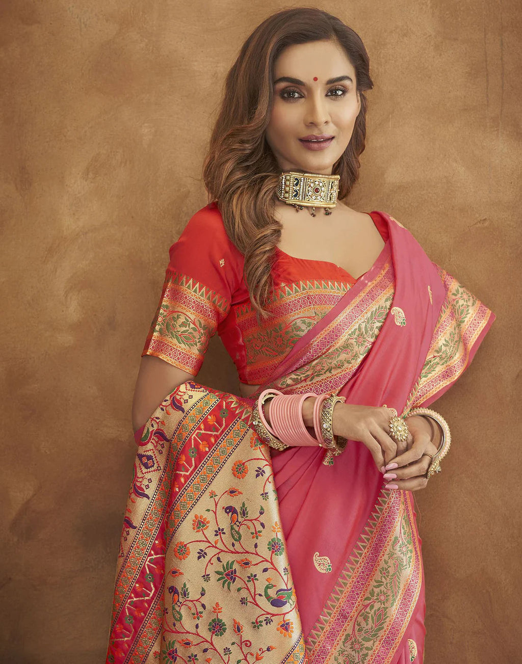 Vedant Vastram Peach Color Paithani Silk Saree - Peach