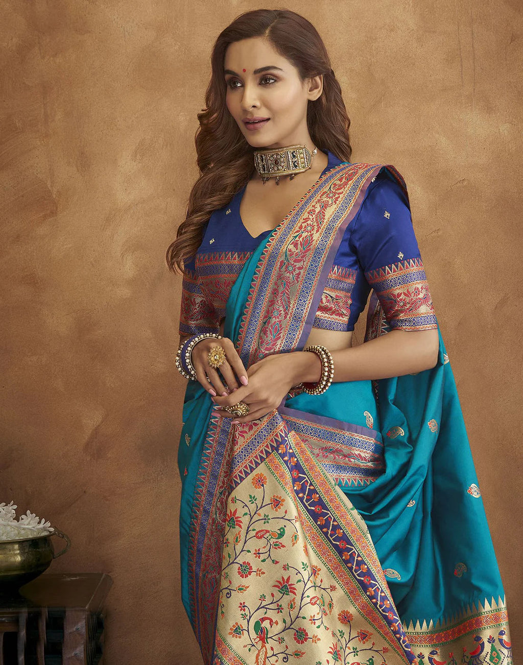 Vedant Vastram Rama Color Paithani Silk Saree - Rama