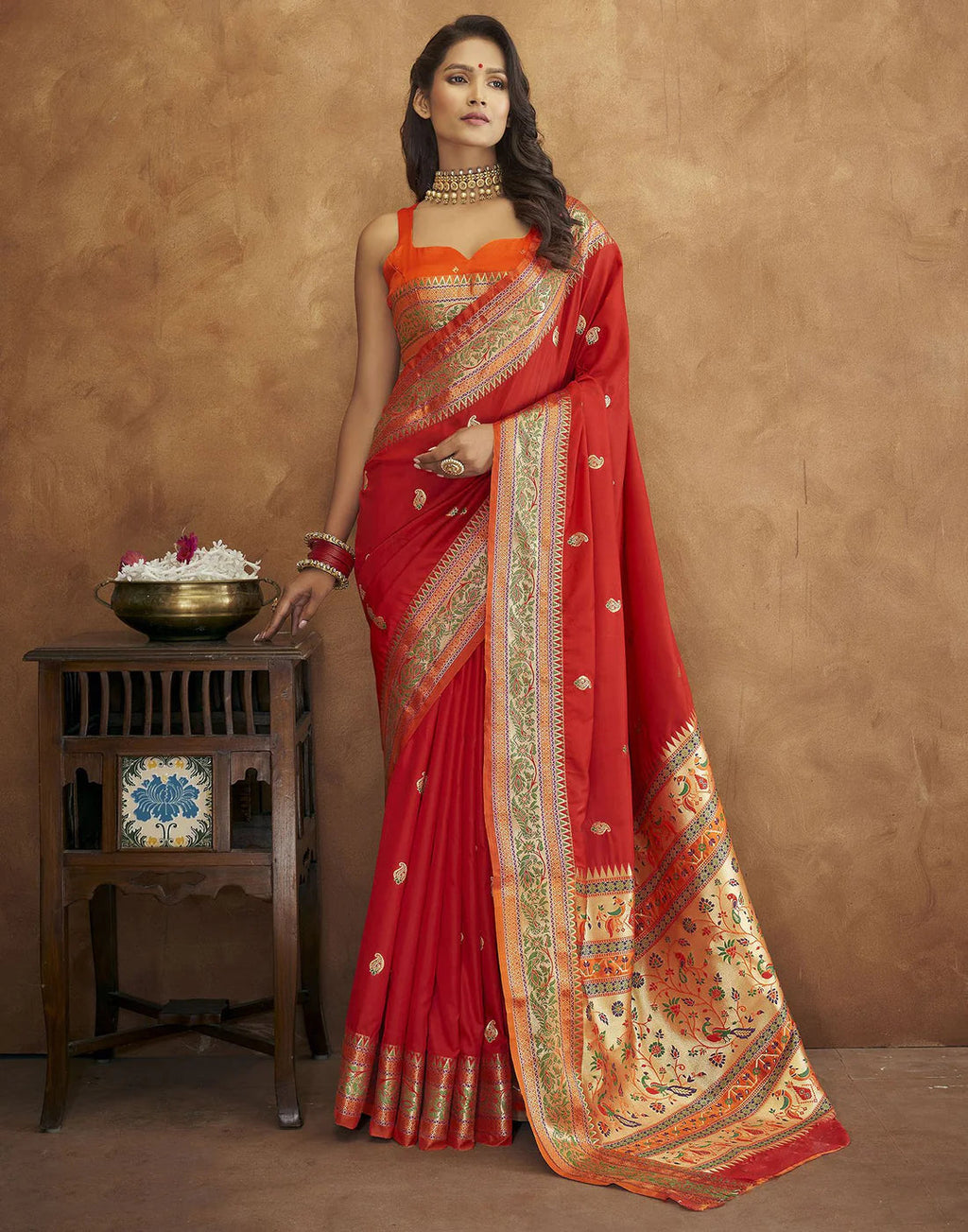 Vedant Vastram Red Color Paithani Silk Saree - Red