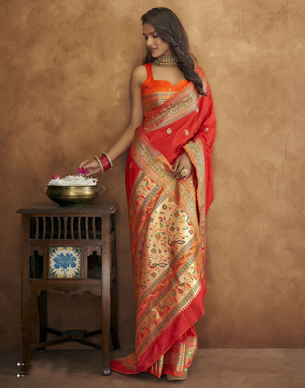 Vedant Vastram Red Color Paithani Silk Saree - Red