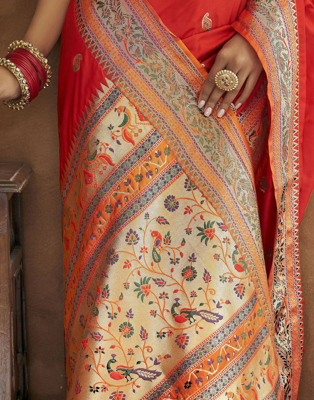 Vedant Vastram Red Color Paithani Silk Saree - Red
