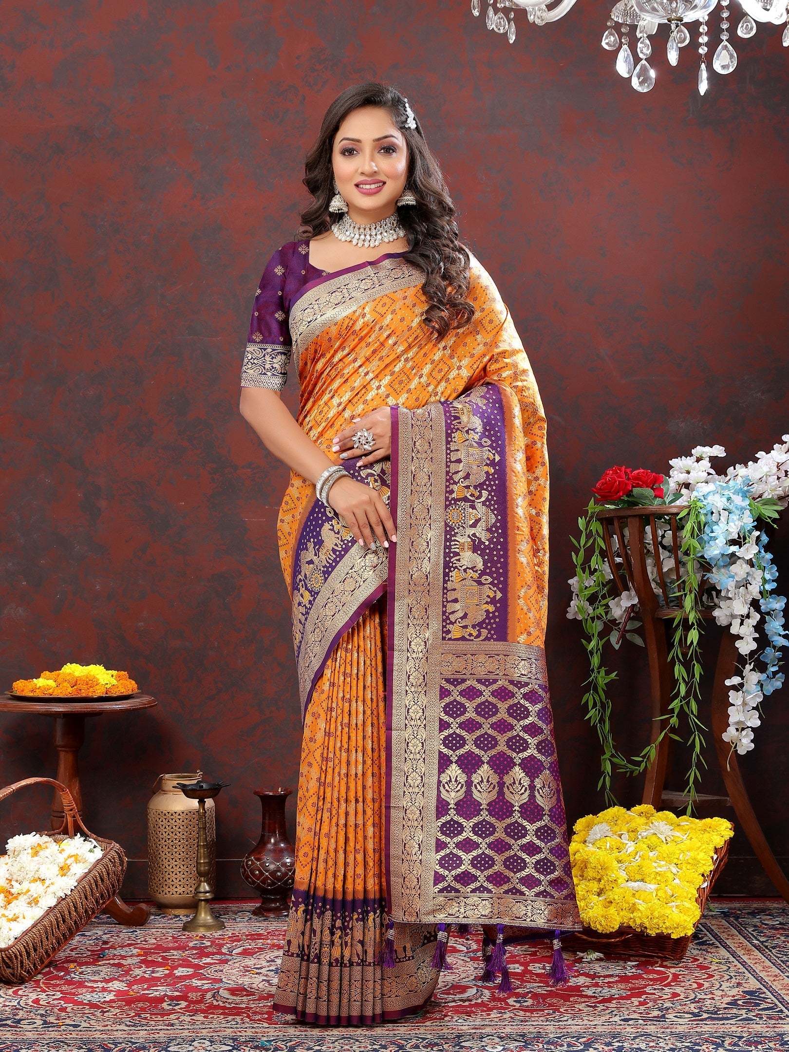 Vedant Vastram Mustard Color Kanjeevaram Patola Silk Saree - Mustard