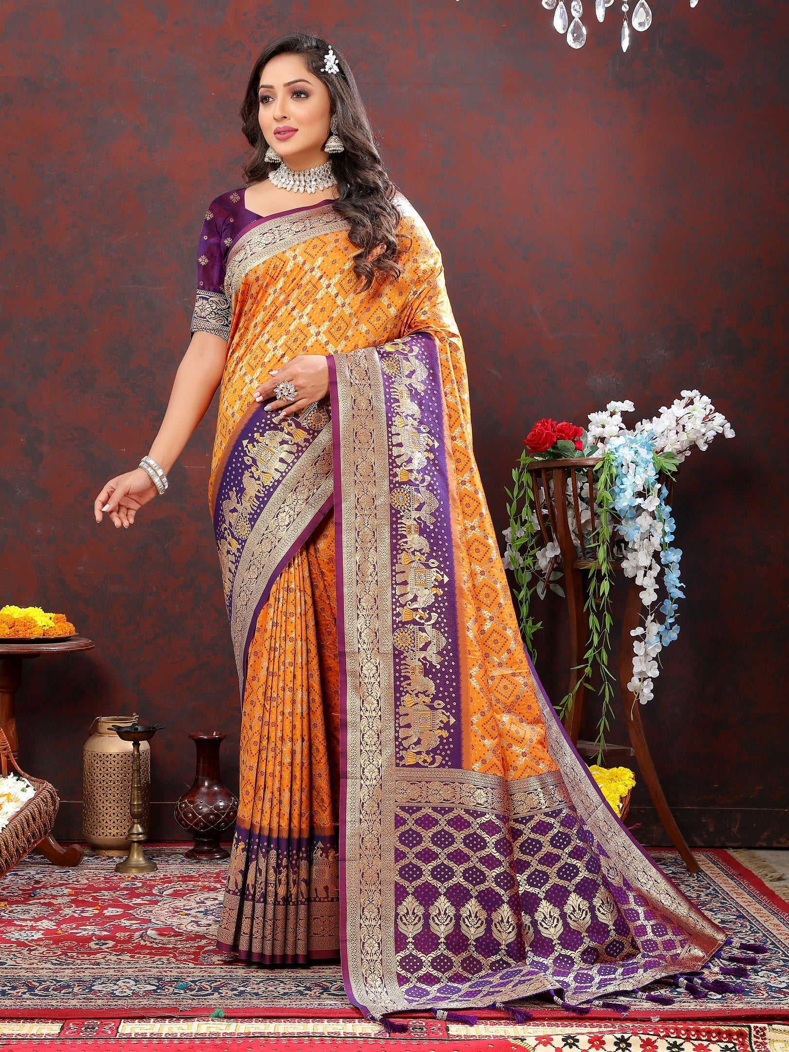 Vedant Vastram Mustard Color Kanjeevaram Patola Silk Saree - Mustard