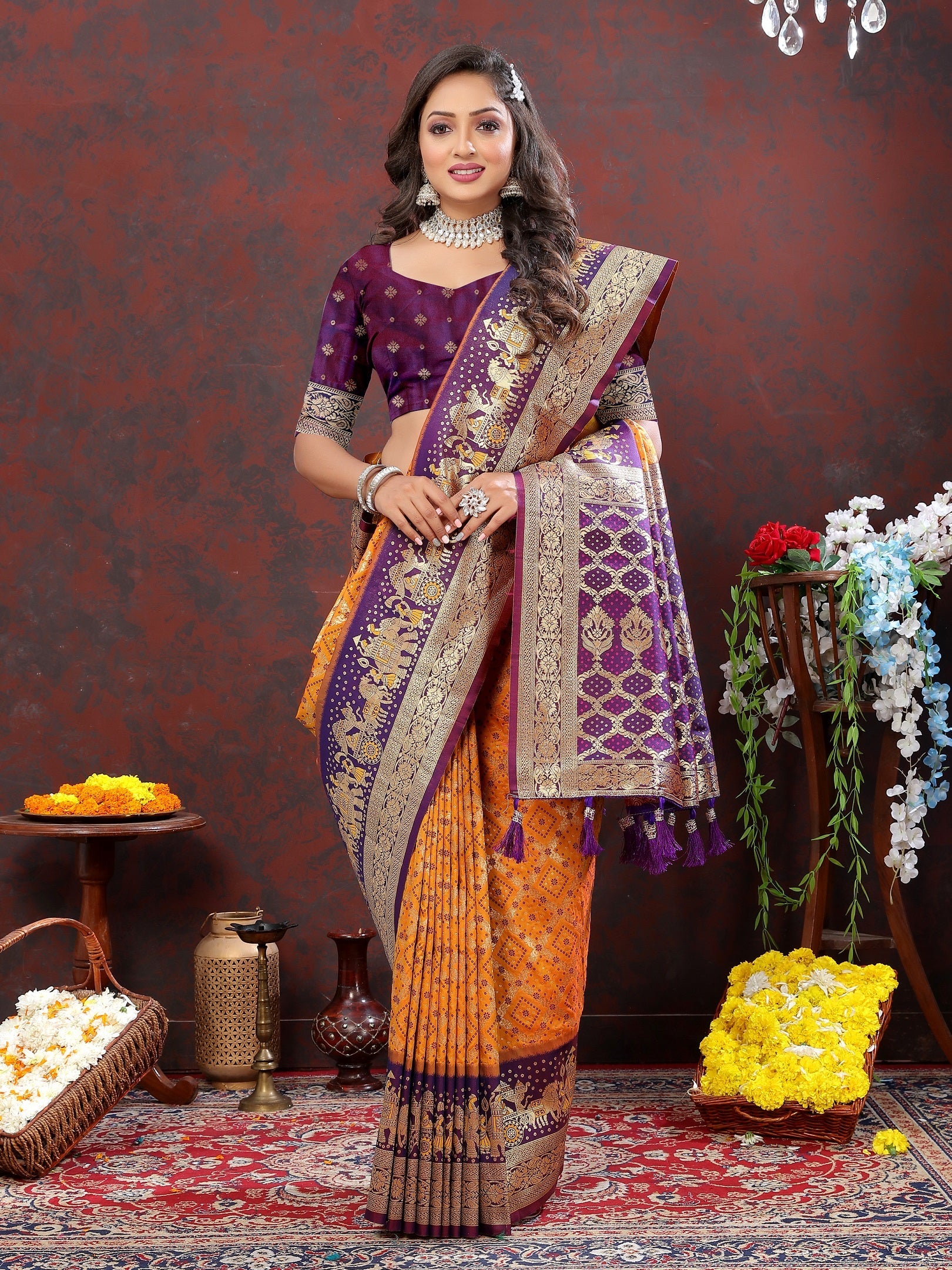 Vedant Vastram Mustard Color Kanjeevaram Patola Silk Saree - Mustard