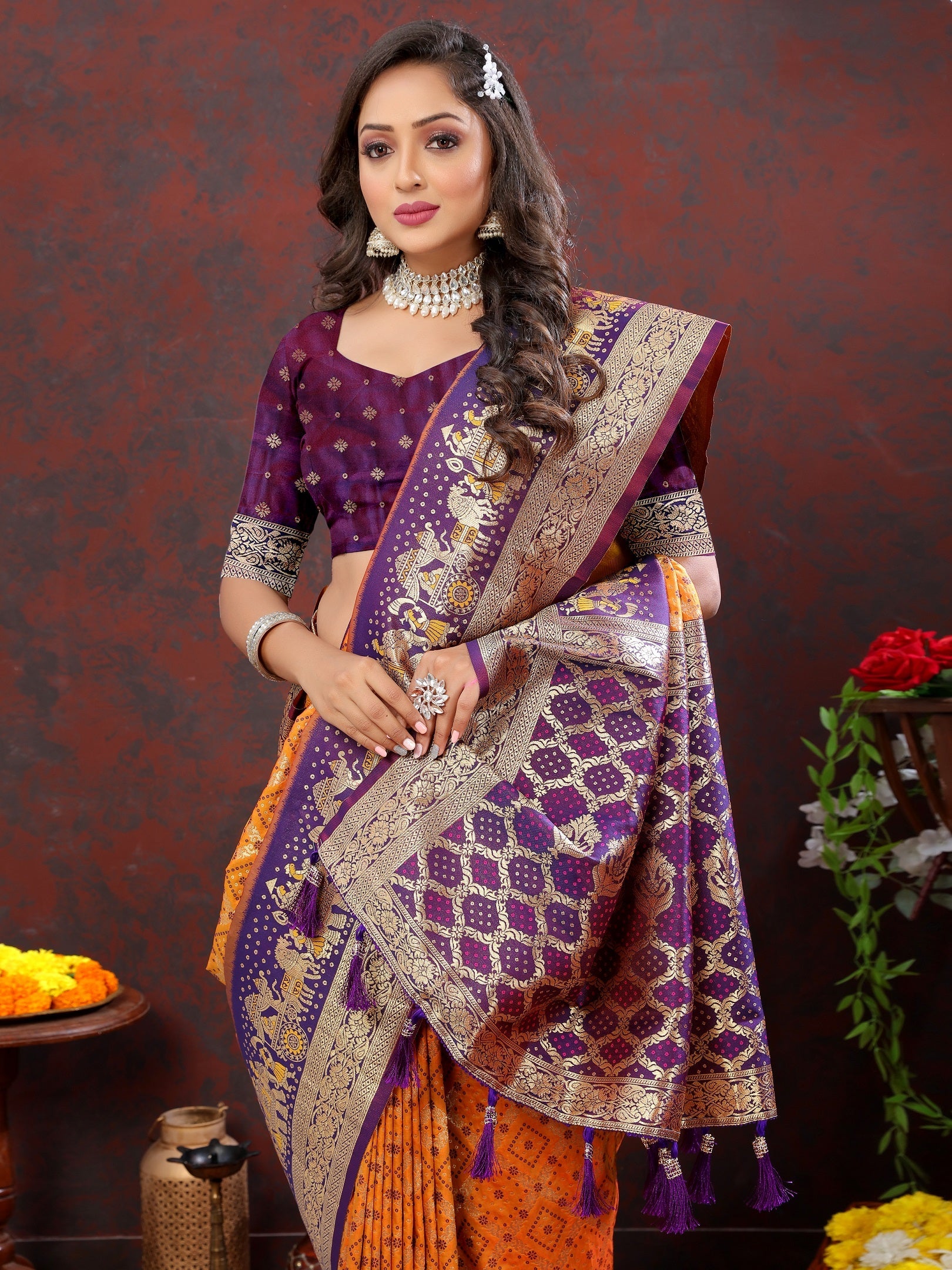 Vedant Vastram Mustard Color Kanjeevaram Patola Silk Saree - Mustard