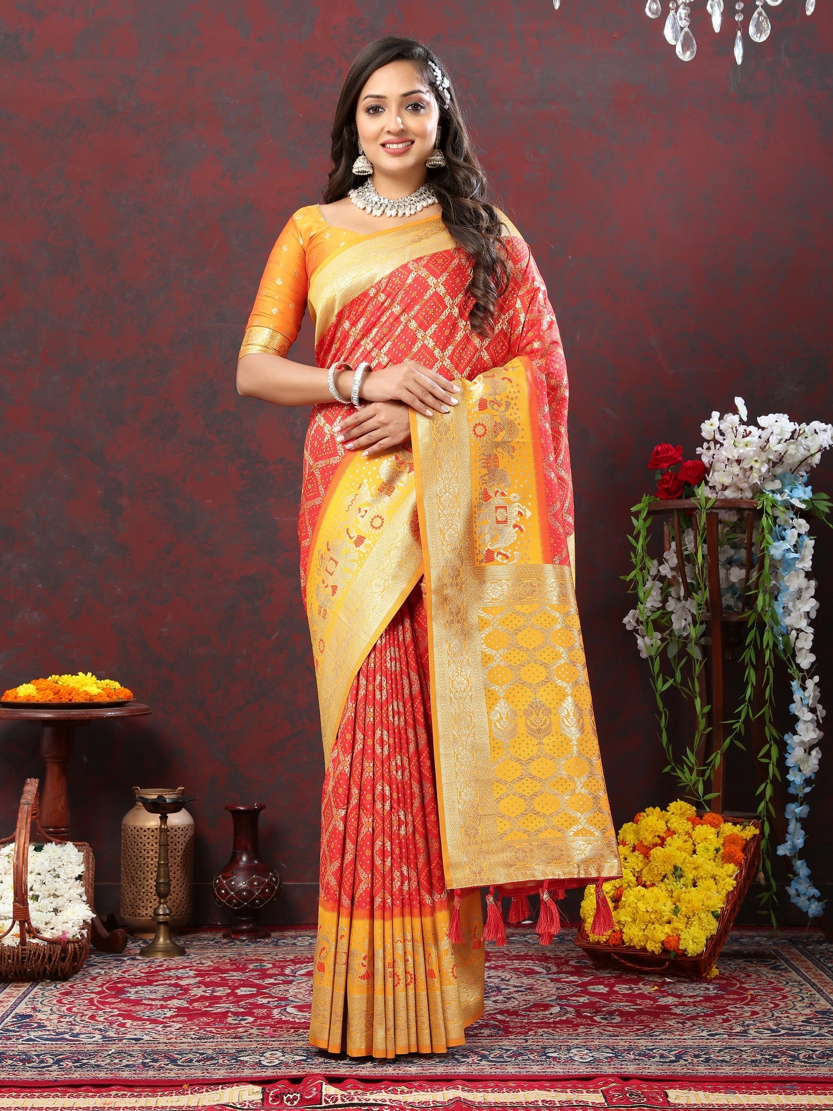 Vedant Vastram Orange Color Kanjeevaram Patola Silk Saree - Orange
