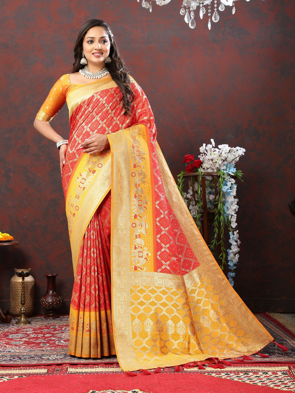 Vedant Vastram Orange Color Kanjeevaram Patola Silk Saree - Orange