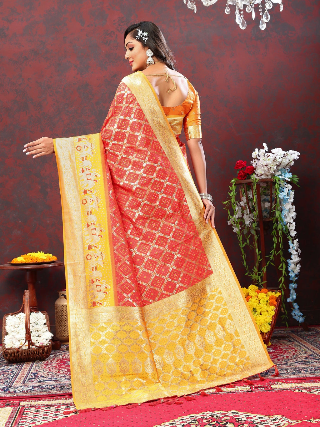 Vedant Vastram Orange Color Kanjeevaram Patola Silk Saree - Orange