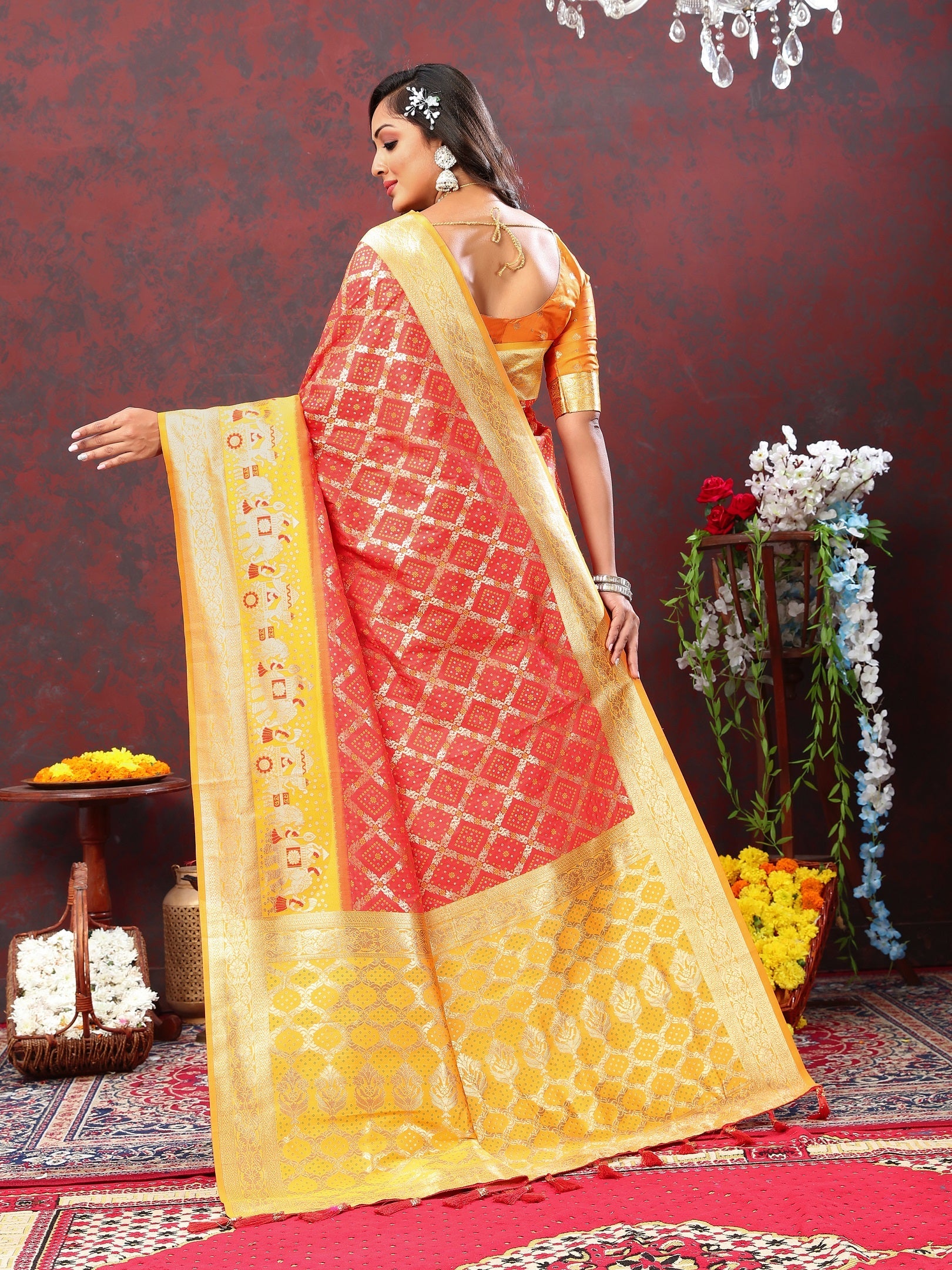 Vedant Vastram Orange Color Kanjeevaram Patola Silk Saree - Orange