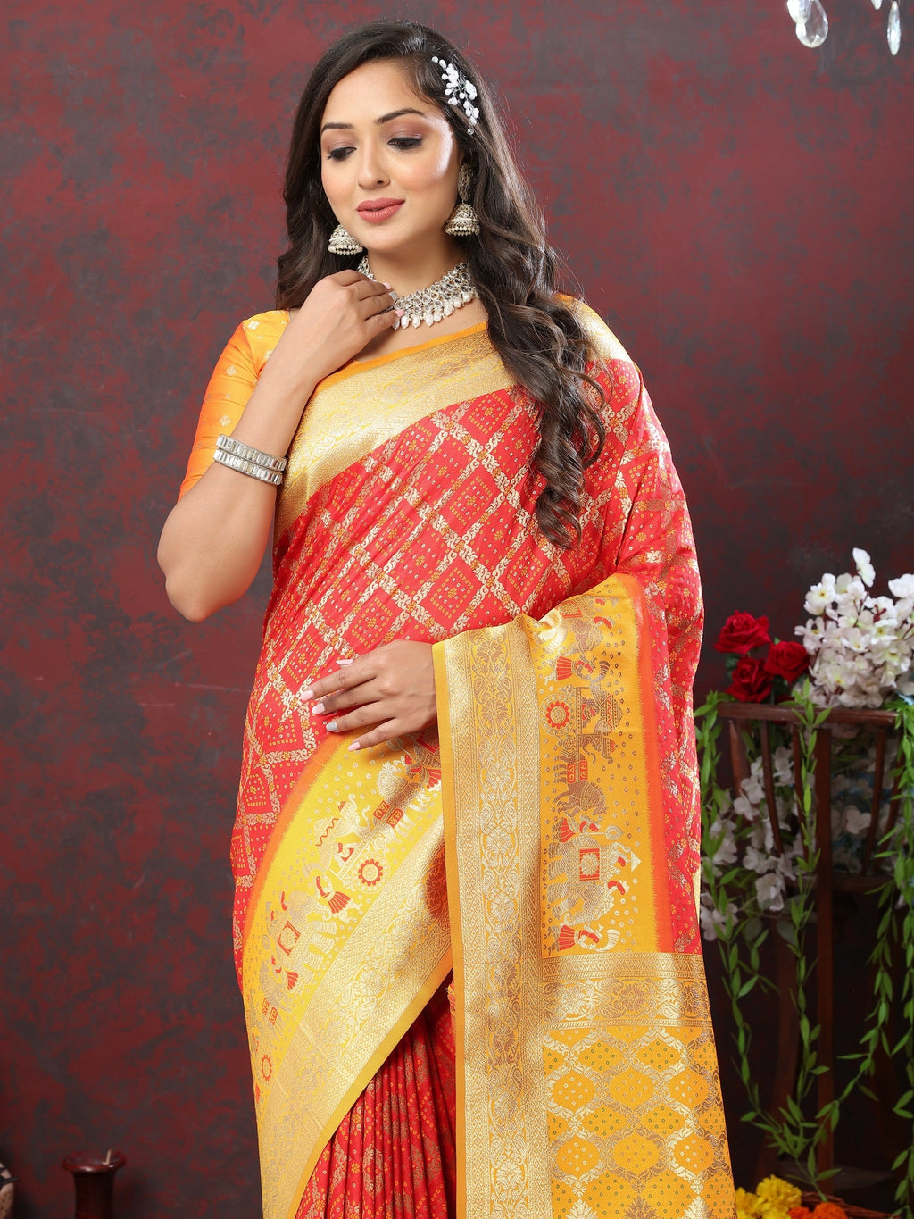 Vedant Vastram Orange Color Kanjeevaram Patola Silk Saree - Orange