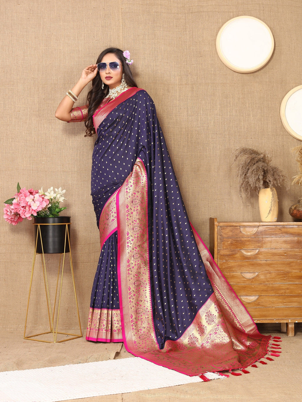 Vedant Vastram Navy Blue Color Kanjeevaram Silk Saree - Navy Blue - Distacart