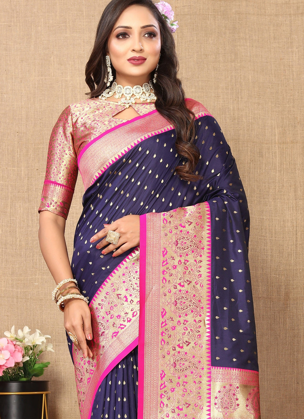 Vedant Vastram Navy Blue Color Kanjeevaram Silk Saree - Navy Blue - Distacart