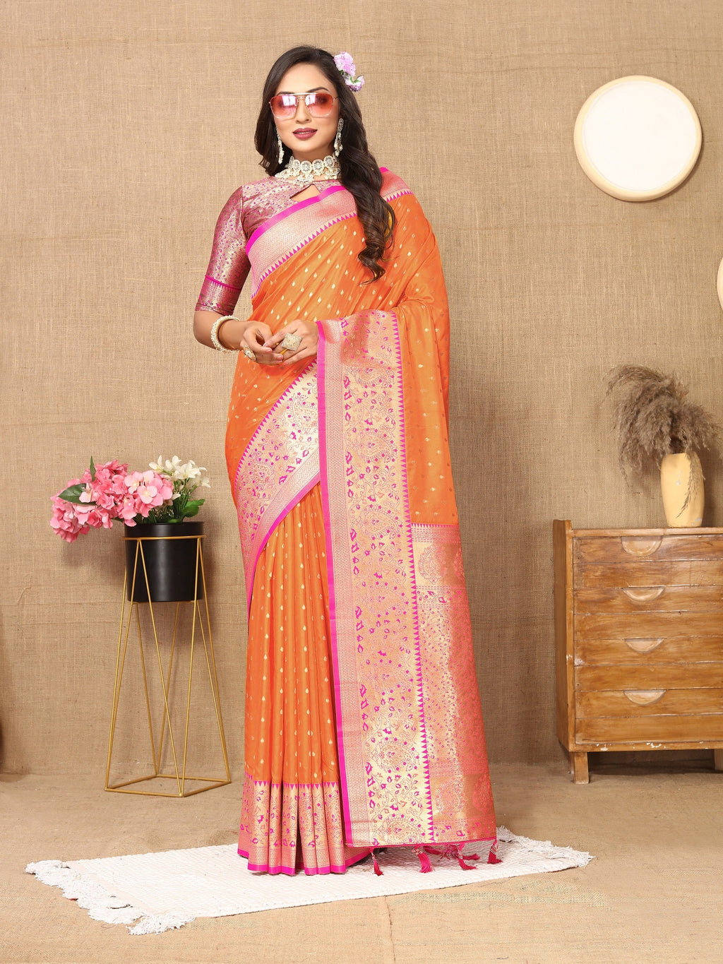 Vedant Vastram Orange Color Kanjeevaram Silk Saree - Orange - Distacart