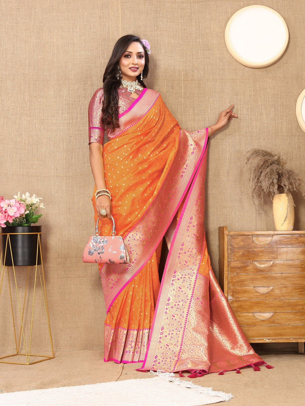 Vedant Vastram Orange Color Kanjeevaram Silk Saree - Orange - Distacart