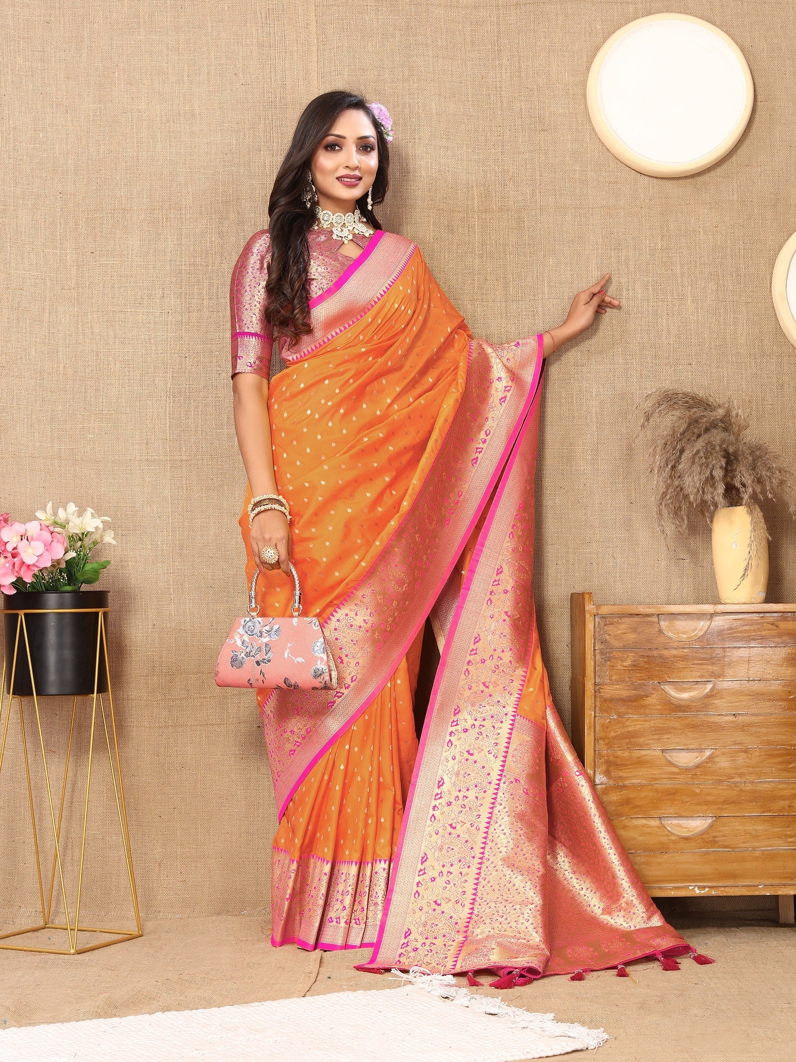 Vedant Vastram Orange Color Kanjeevaram Silk Saree - Orange - Distacart