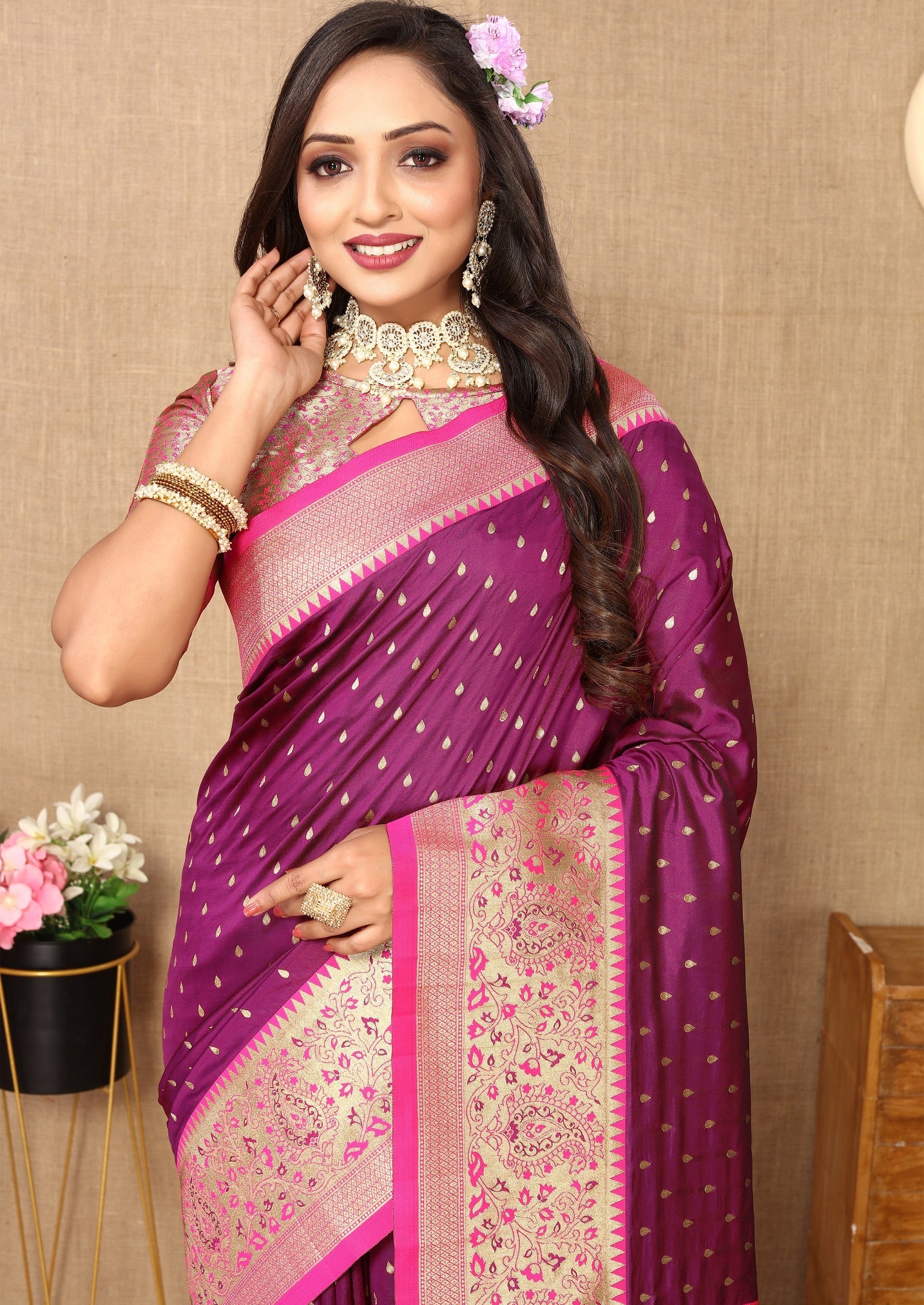 Vedant Vastram Purple Color Kanjeevaram Silk Saree - Purple - Distacart