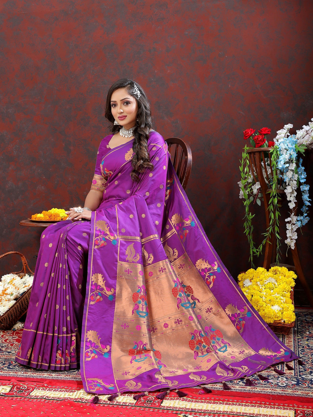 Vedant Vastram Purple Color Paithani Silk Saree - Purple