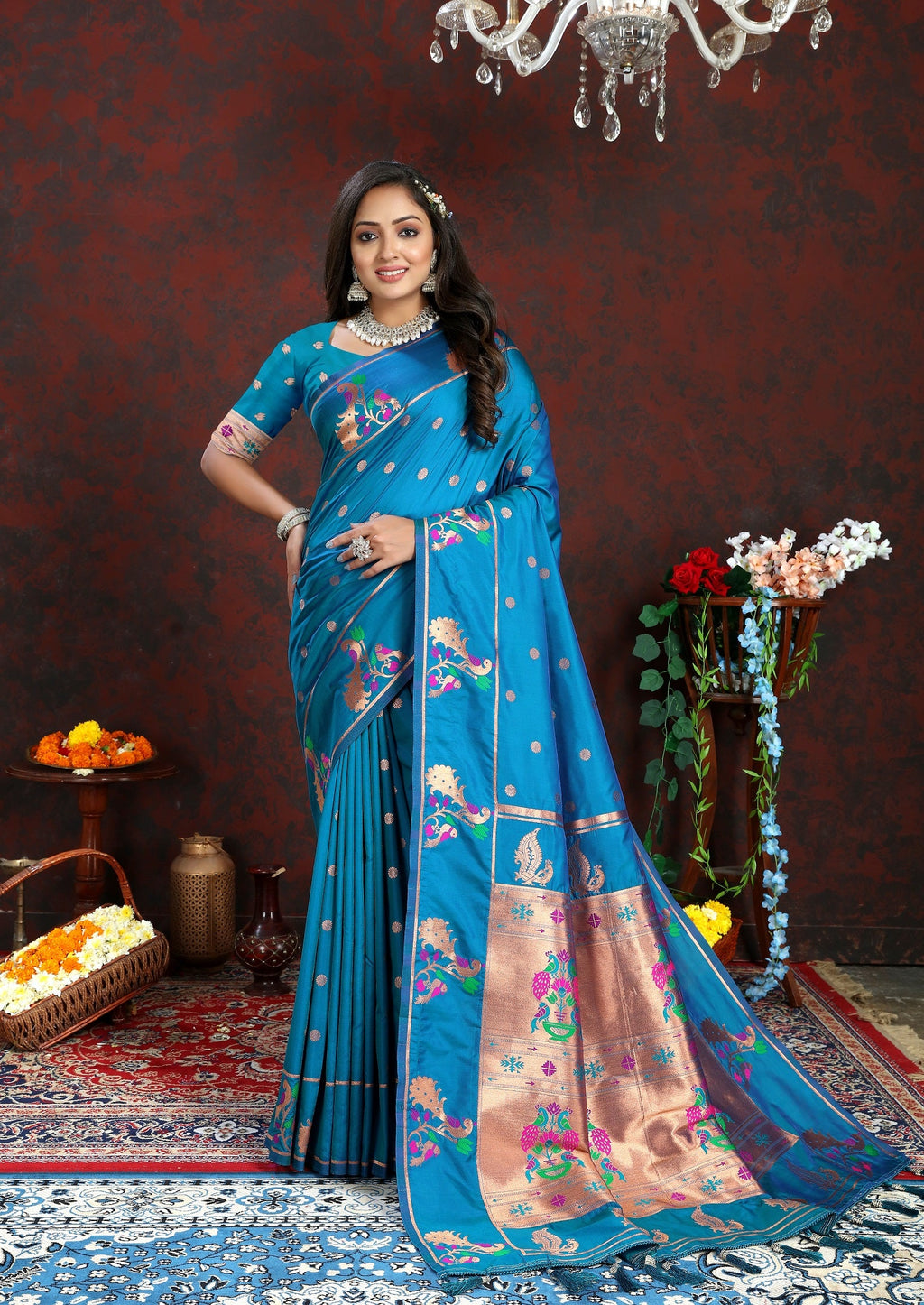 Vedant Vastram Rama Color Paithani Silk Saree - Rama