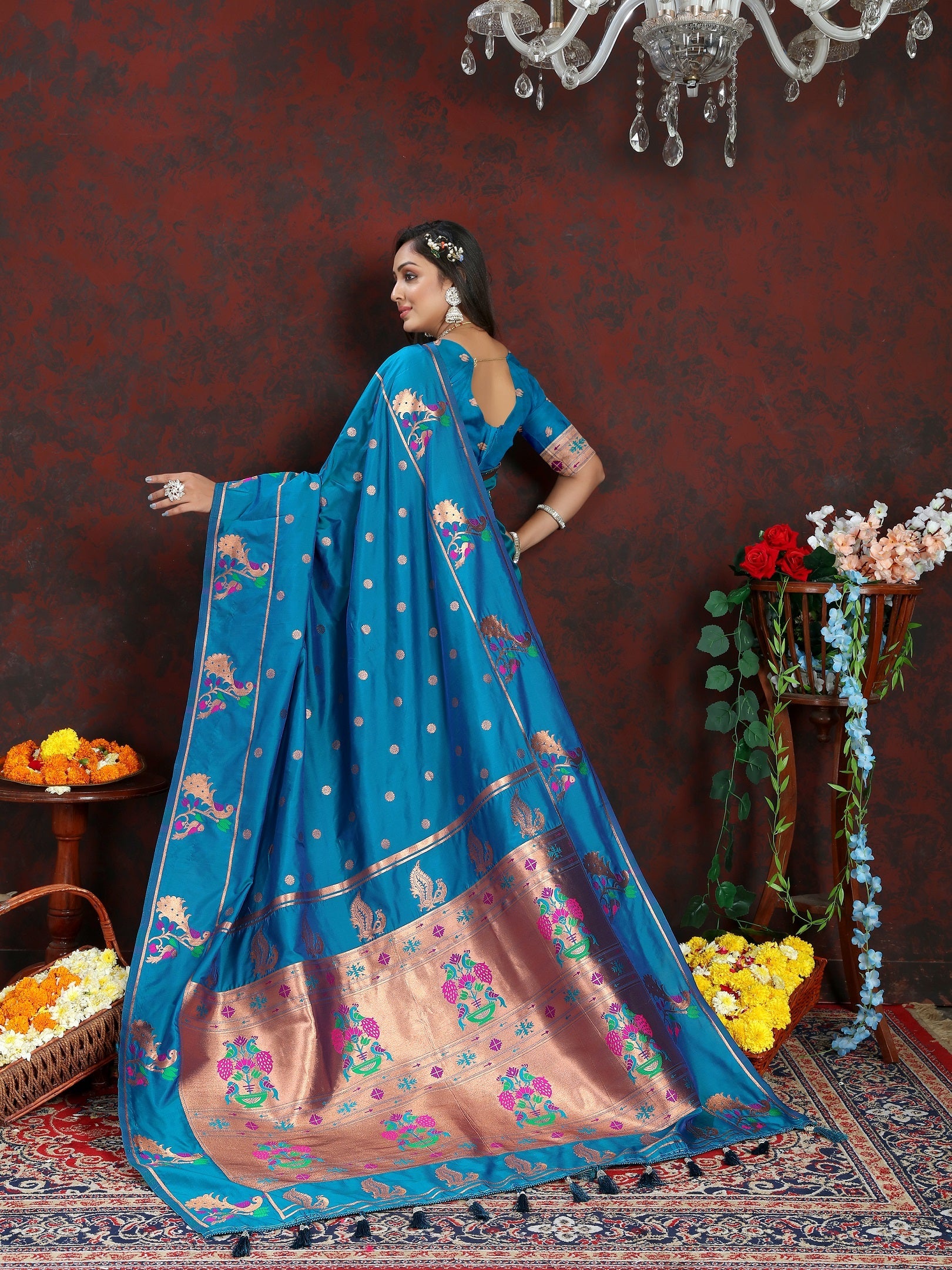 Vedant Vastram Rama Color Paithani Silk Saree - Rama