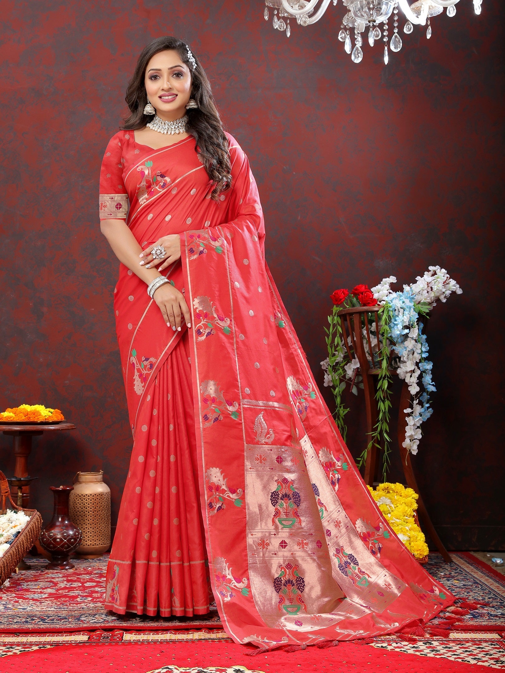 Vedant Vastram Red Color Paithani Silk Saree - Red