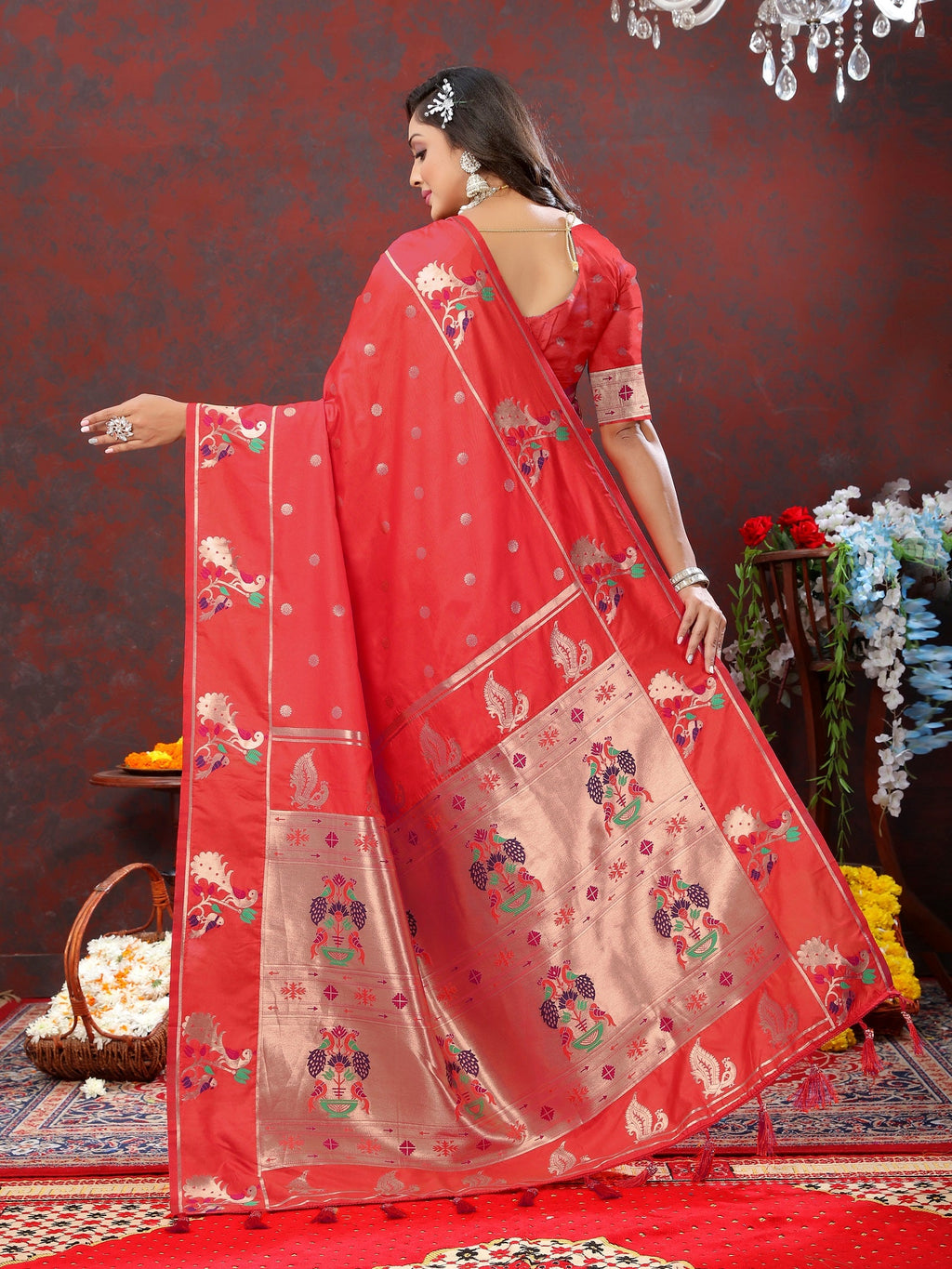 Vedant Vastram Red Color Paithani Silk Saree - Red