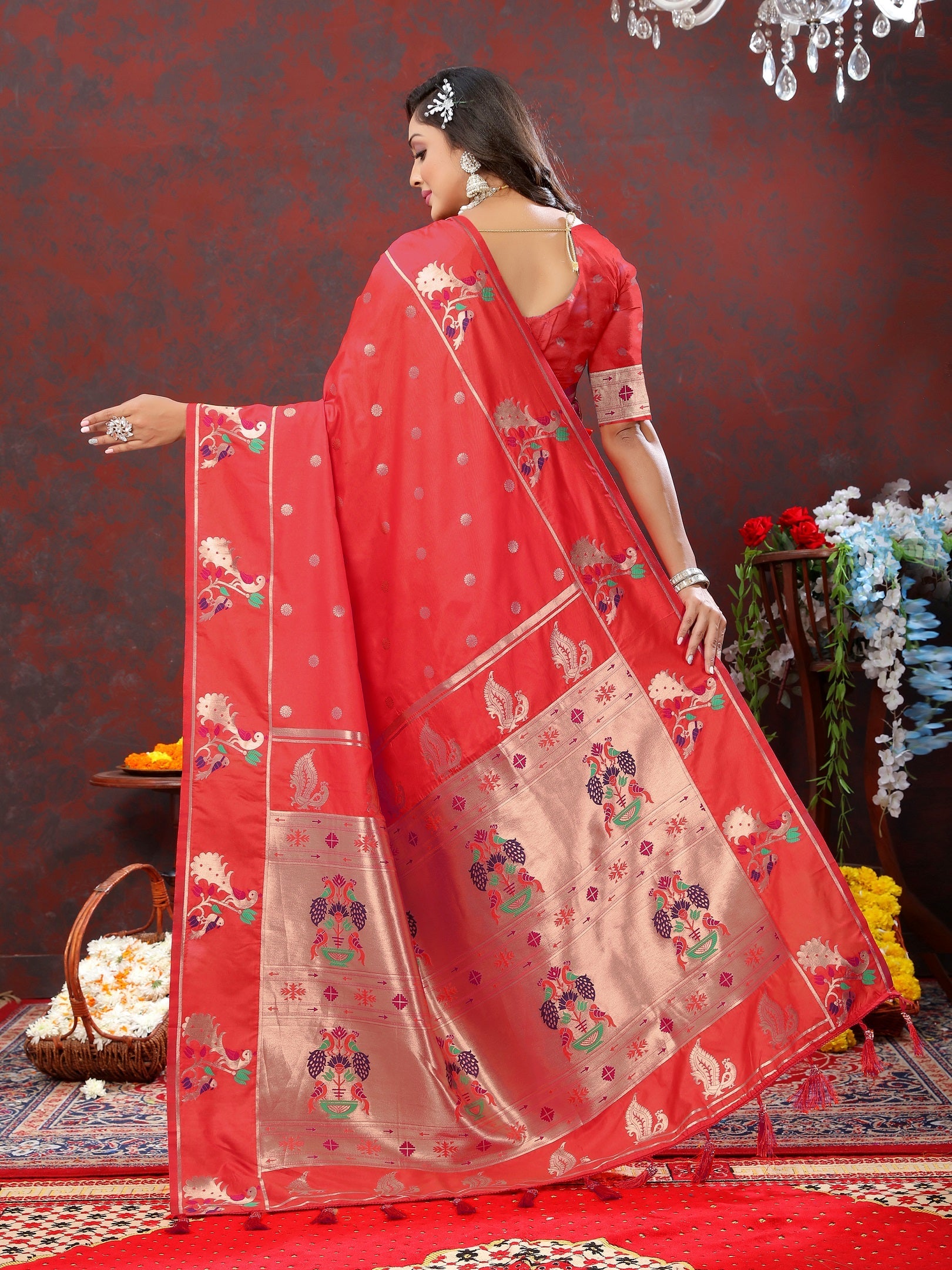 Vedant Vastram Red Color Paithani Silk Saree - Red