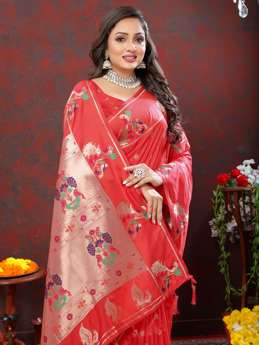 Vedant Vastram Red Color Paithani Silk Saree - Red
