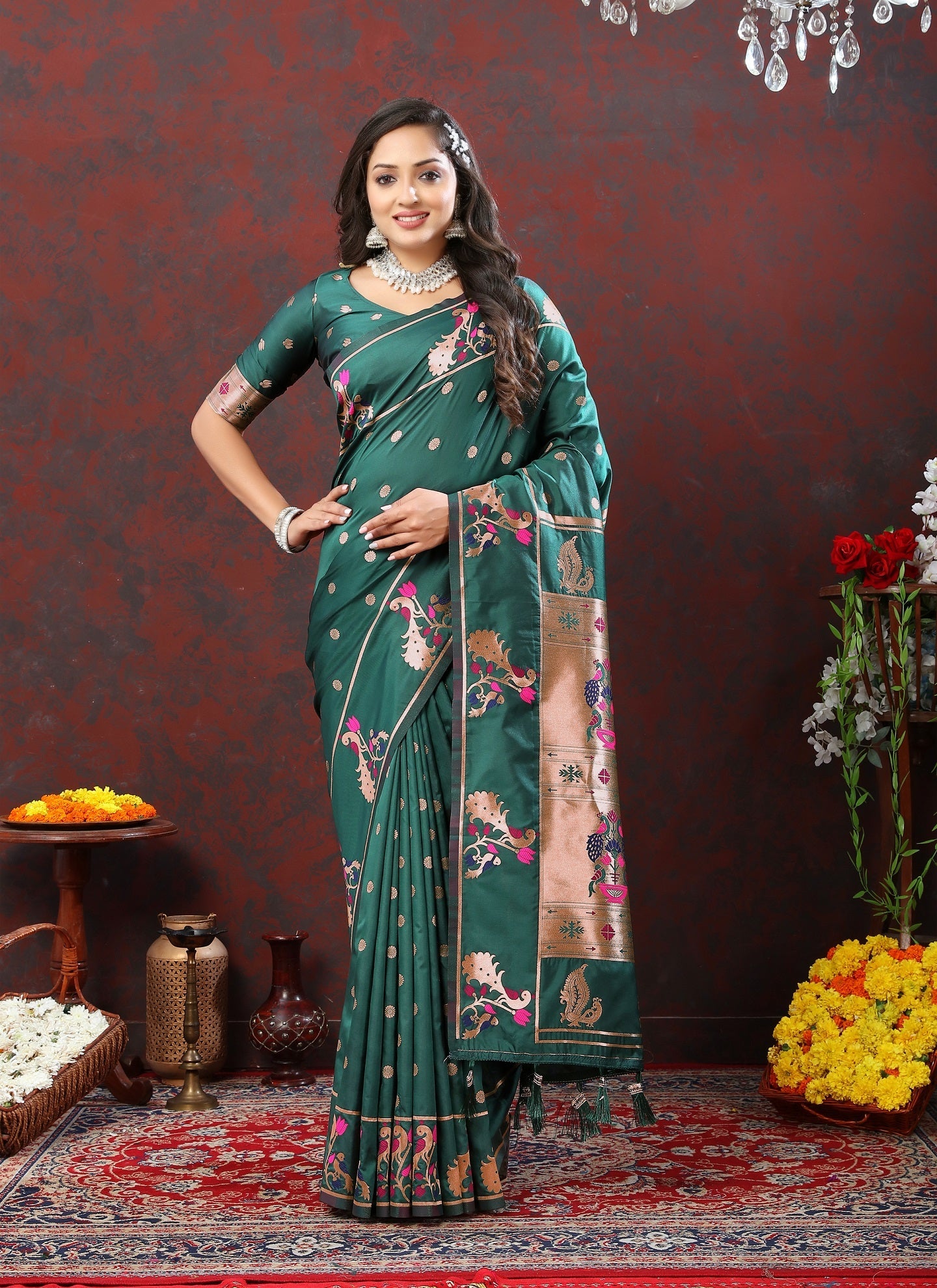 Vedant Vastram Red Green Color Paithani Silk Saree - Green