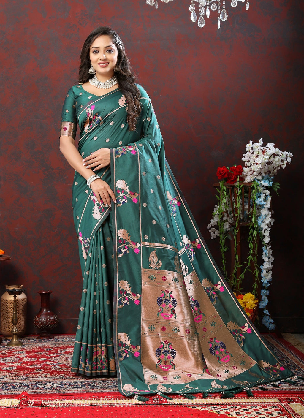 Vedant Vastram Red Green Color Paithani Silk Saree - Green