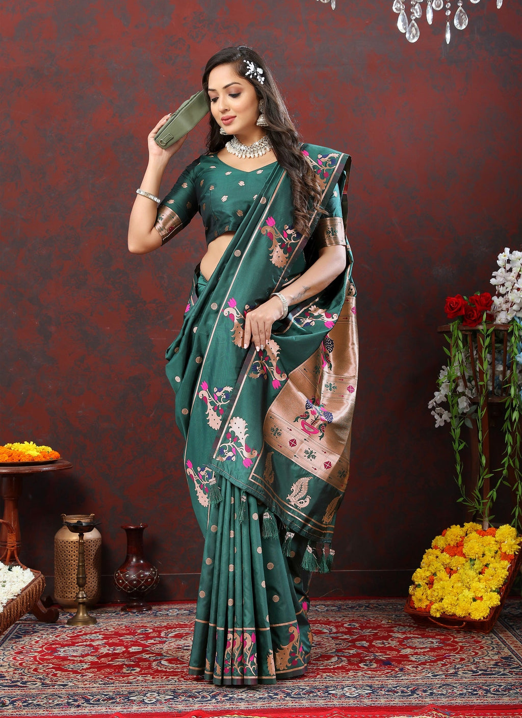 Vedant Vastram Red Green Color Paithani Silk Saree - Green