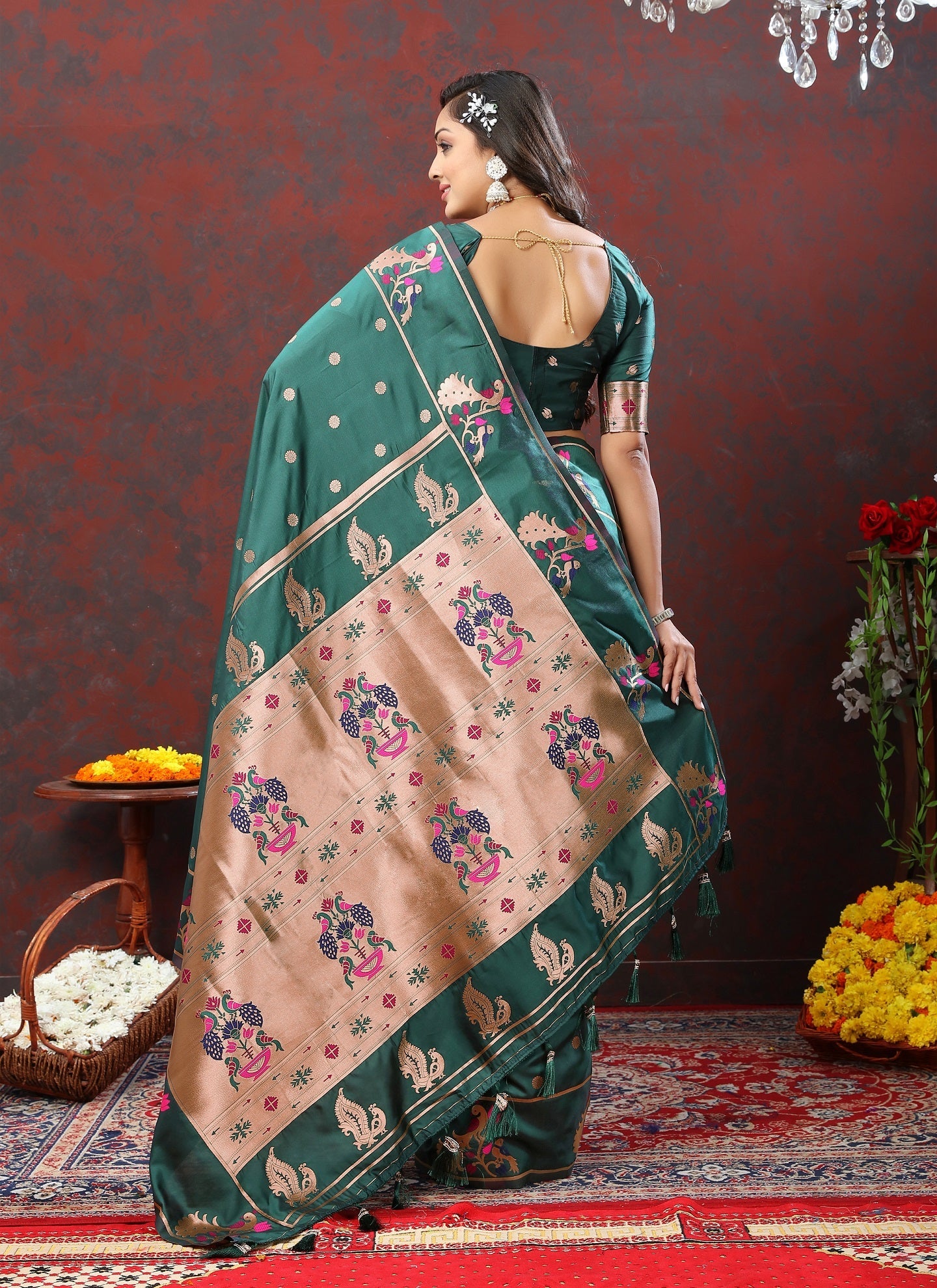 Vedant Vastram Red Green Color Paithani Silk Saree - Green