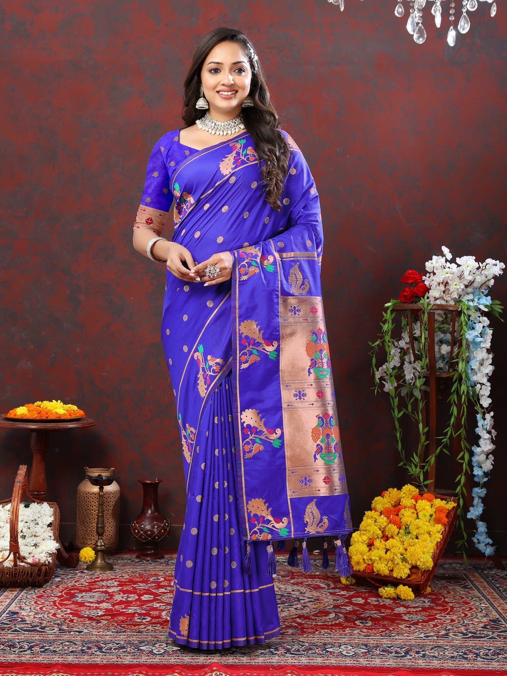 Vedant Vastram Royal Blue Color Paithani Silk Saree - Royal Blue
