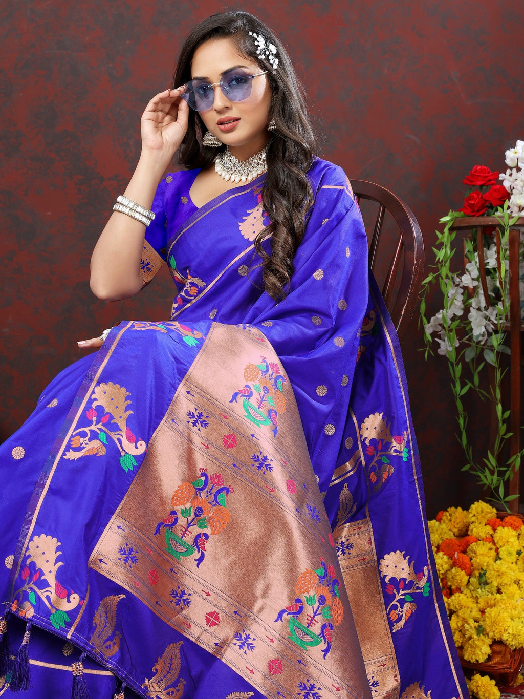 Vedant Vastram Royal Blue Color Paithani Silk Saree - Royal Blue