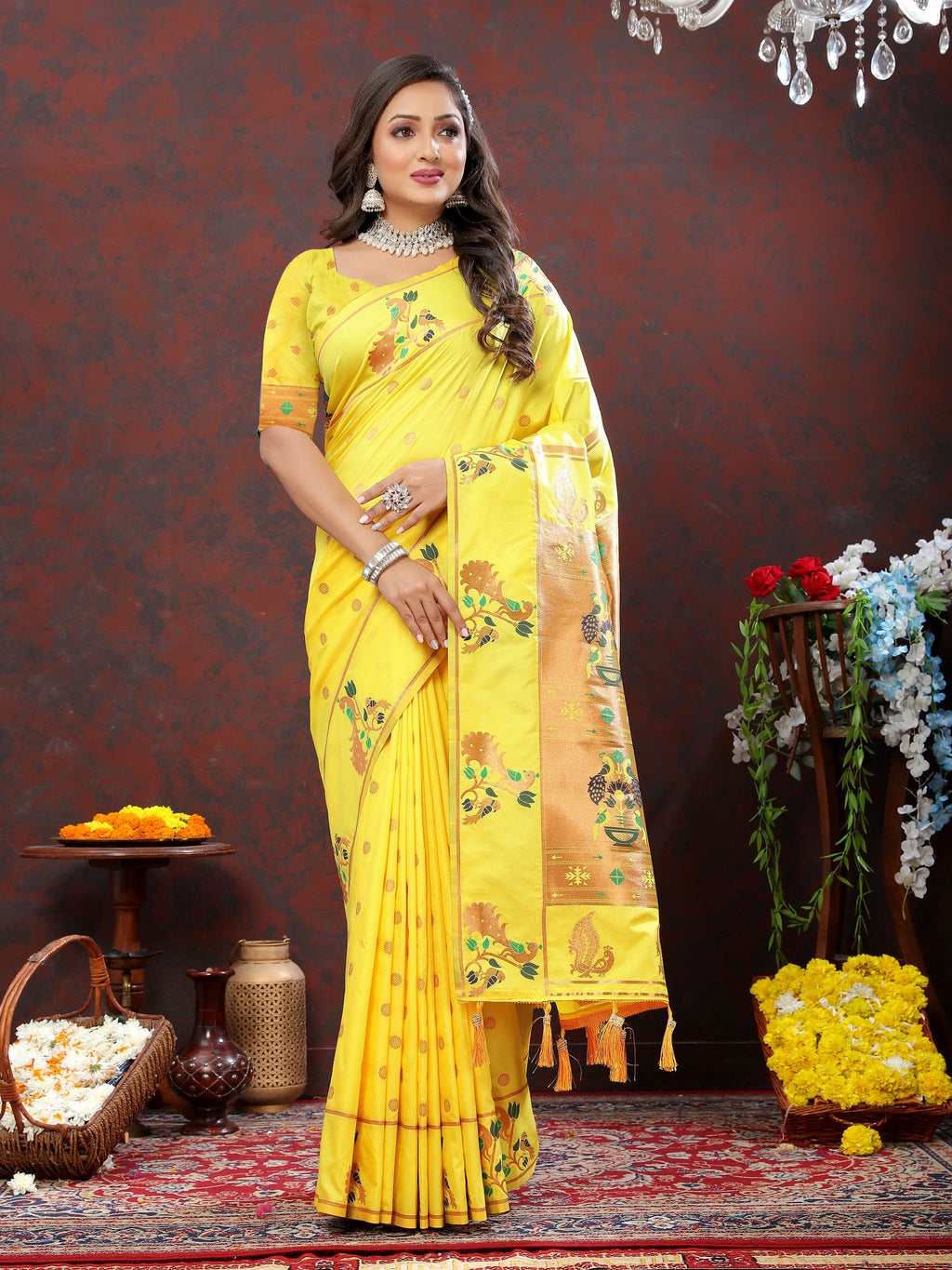 Vedant Vastram Yellow Color Paithani Silk Saree - Yellow