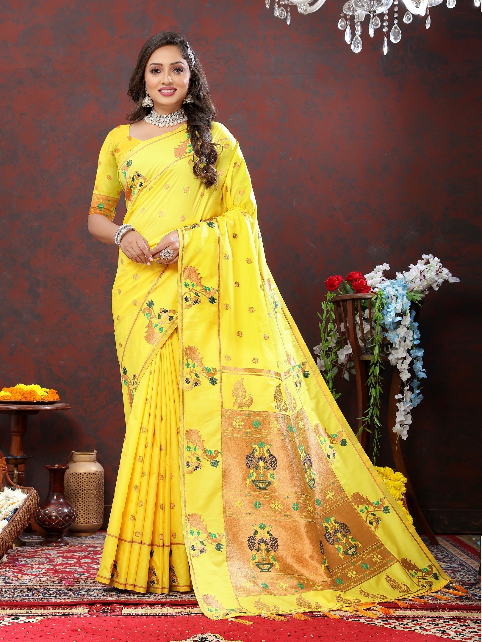 Vedant Vastram Yellow Color Paithani Silk Saree - Yellow
