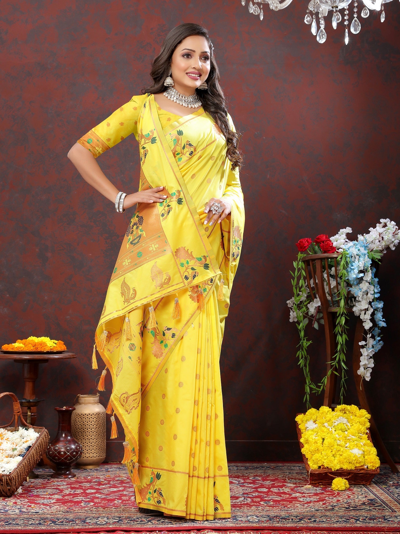 Vedant Vastram Yellow Color Paithani Silk Saree - Yellow