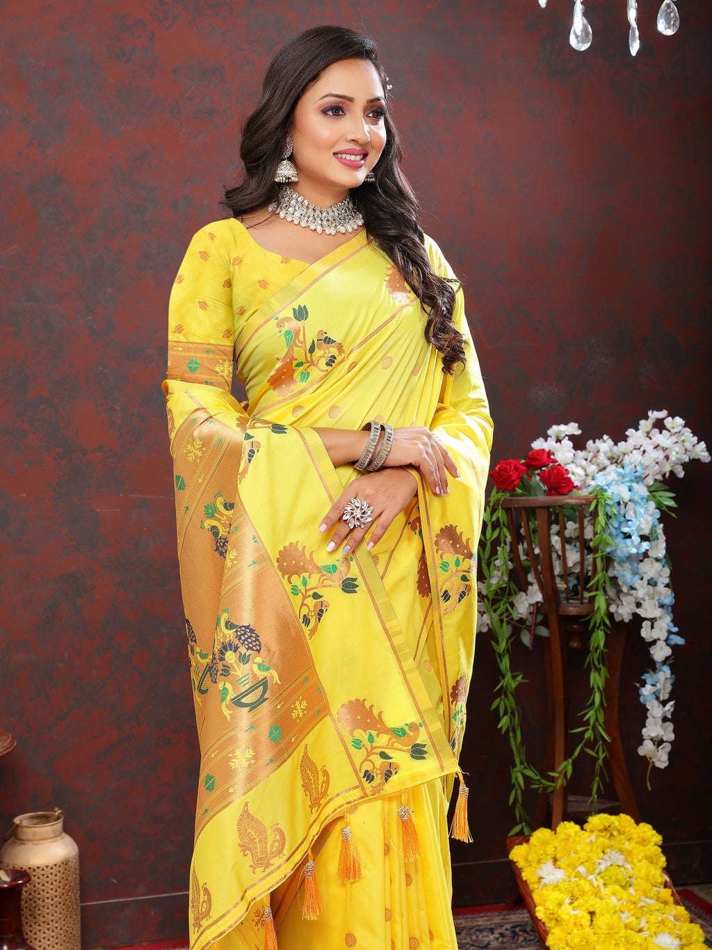 Vedant Vastram Yellow Color Paithani Silk Saree - Yellow