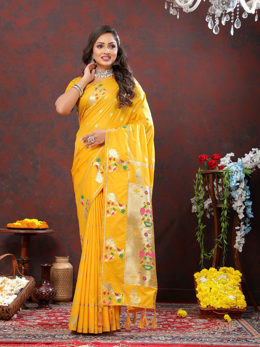 Vedant Vastram Mustard Color Paithani Silk Saree - Mustard
