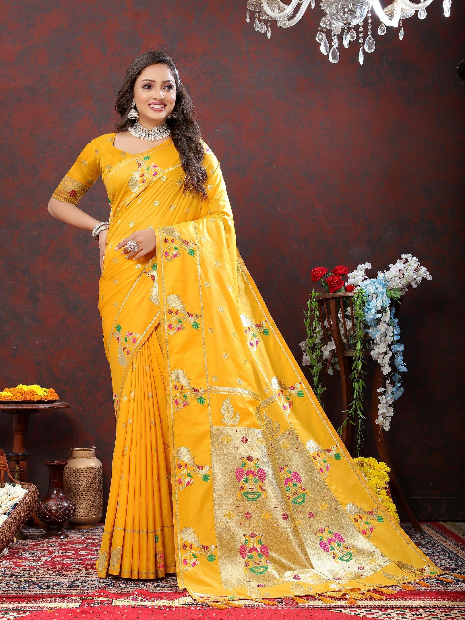 Vedant Vastram Mustard Color Paithani Silk Saree - Mustard