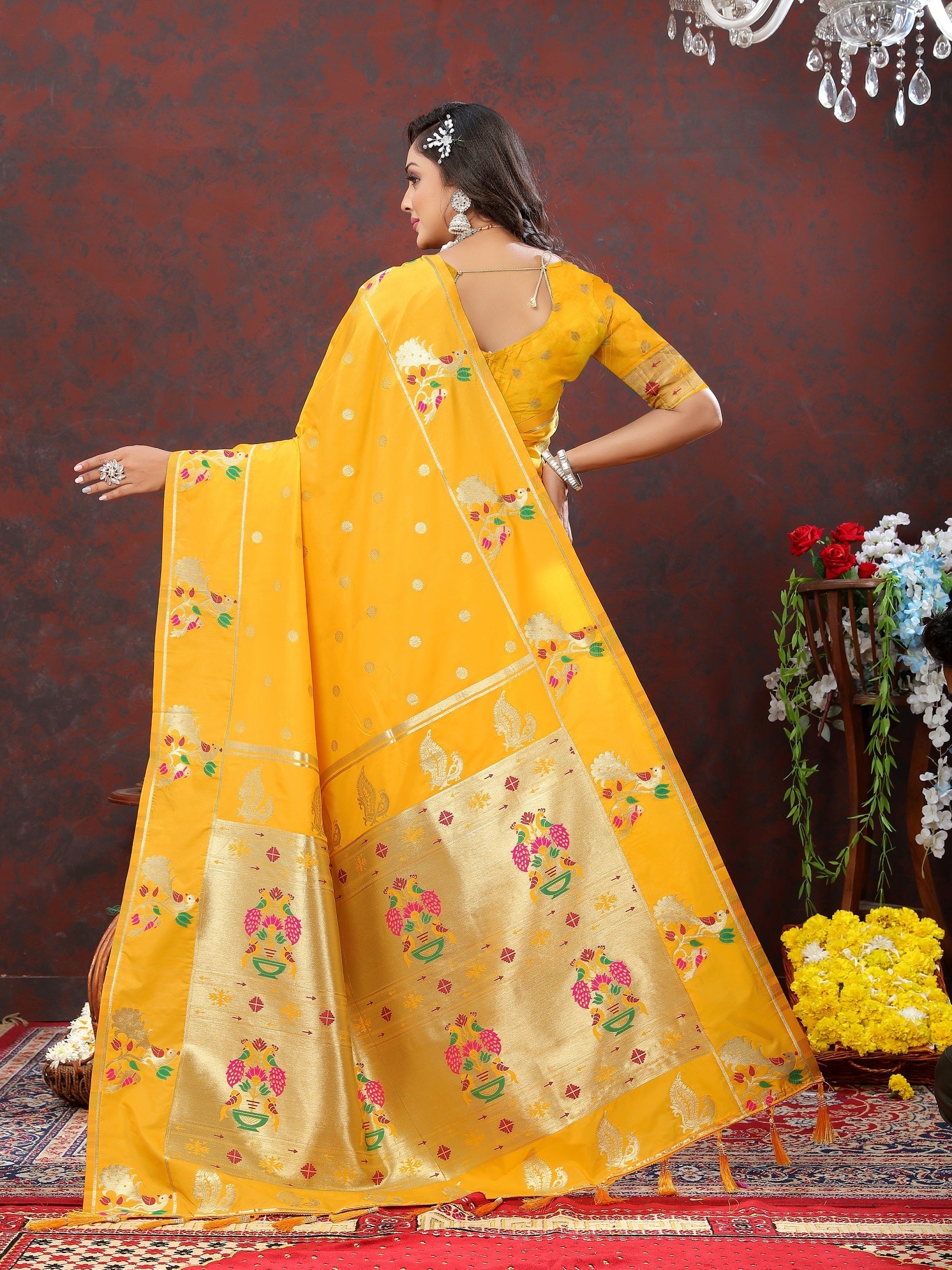 Vedant Vastram Mustard Color Paithani Silk Saree - Mustard