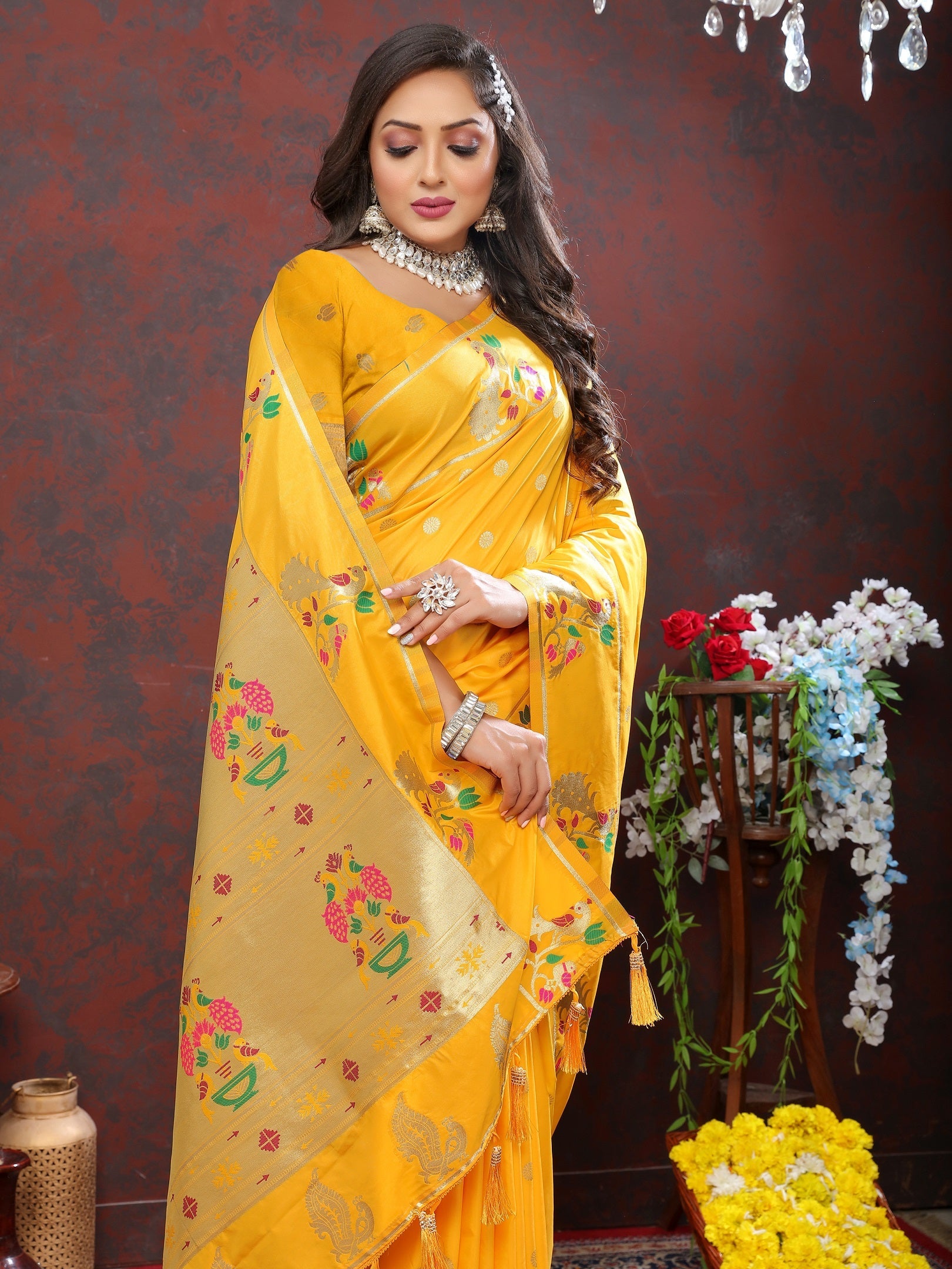 Vedant Vastram Mustard Color Paithani Silk Saree - Mustard