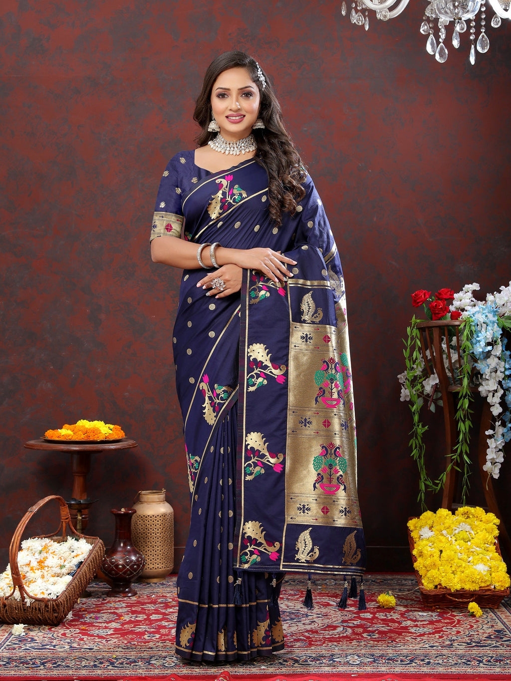 Vedant Vastram Navy Blue Color Paithani Silk Saree - Navy Blue