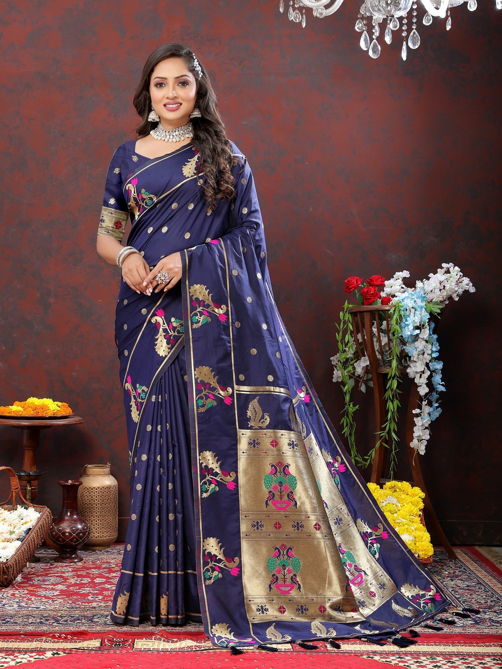 Vedant Vastram Navy Blue Color Paithani Silk Saree - Navy Blue