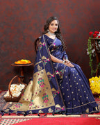 Vedant Vastram Navy Blue Color Paithani Silk Saree - Navy Blue
