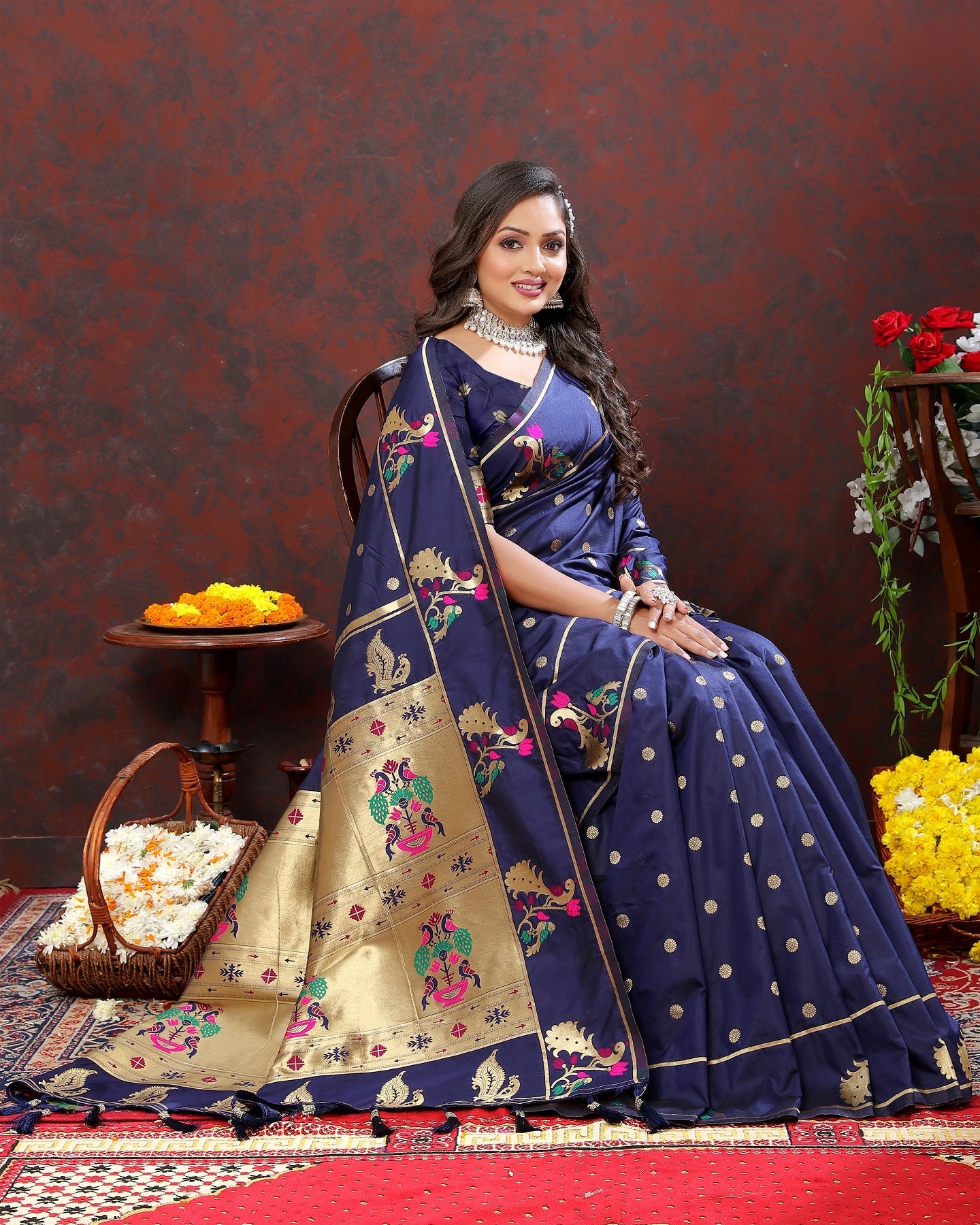 Vedant Vastram Navy Blue Color Paithani Silk Saree - Navy Blue