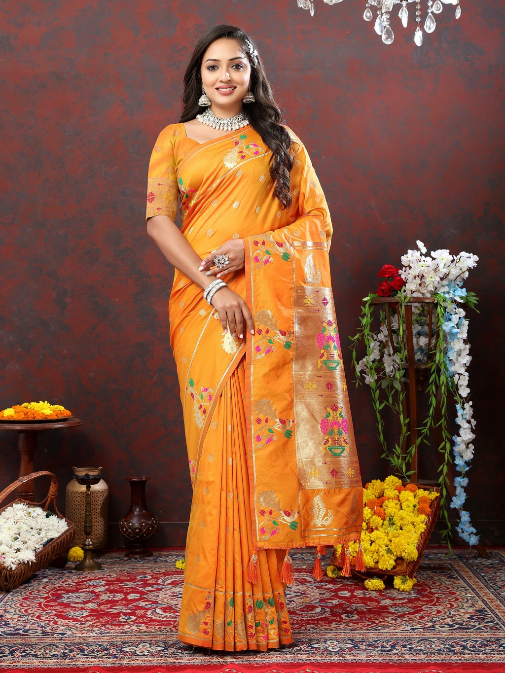 Vedant Vastram Orange Color Paithani Silk Saree - Orange