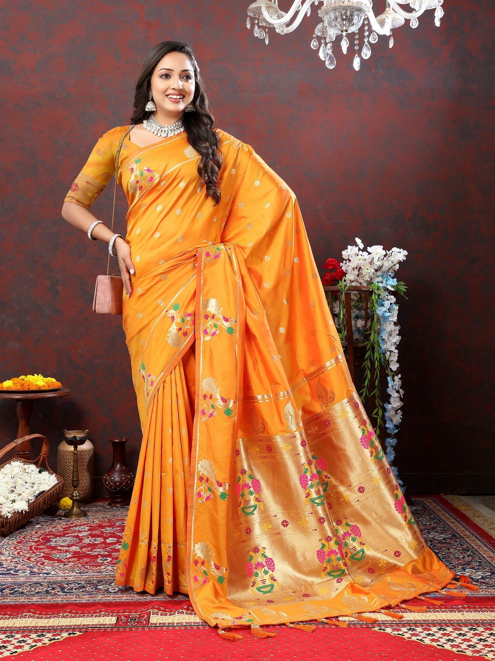 Vedant Vastram Orange Color Paithani Silk Saree - Orange