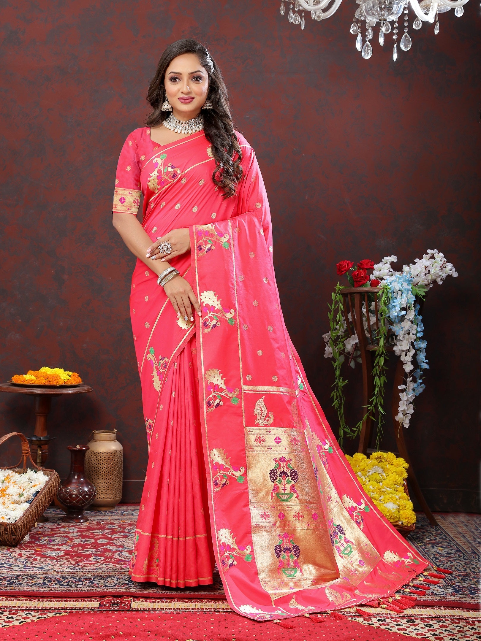 Vedant Vastram Peach Color Paithani Silk Saree - Peach
